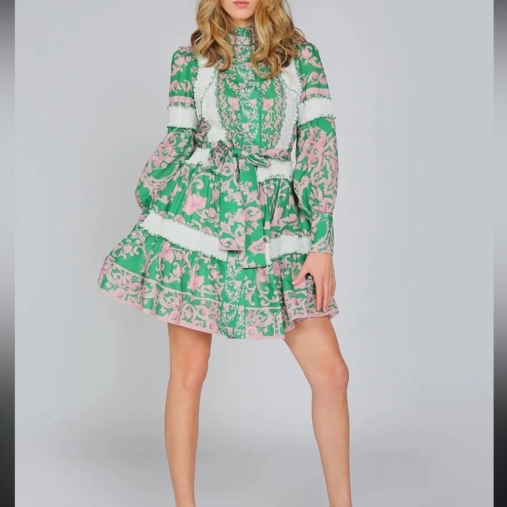 Beulah Style Women's Frilly Layered Green & Pink Dress Size Large - Picture 8 of 8